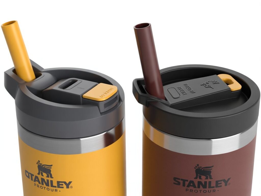 STANLEY Quencher ProTour flip straw lid close-up with professional lighting effects and reflections.