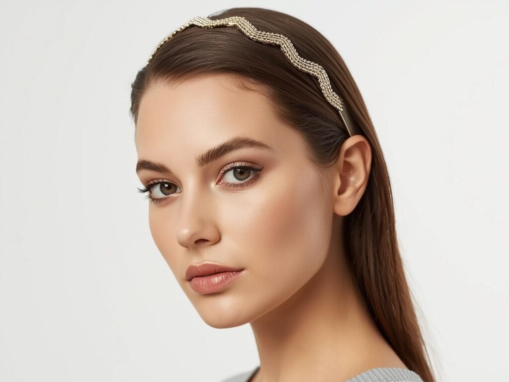 a fashionable young woman wearing a sleek metallic zig zag headband,