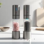 a high quality, photorealistic product image of two electric salt and pepper grinders inspired by circle joy gravity electric grinder set.