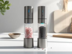 a high quality, photorealistic product image of two electric salt and pepper grinders inspired by circle joy gravity electric grinder set.