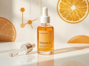 a high quality product photo of a vitamin c face serum bottle inspired by la roche posay pure 12% vitamin c serum,