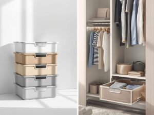 a high quality, realistic product image of a set of 5 stackable closet storage baskets inspired by snslxh storage basket set.