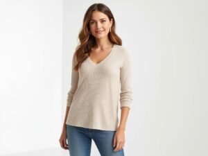 a stylish woman wearing a fall fashion long sleeve v neck tunic top in soft knit fabric,