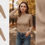 a stylish woman wearing a rib knit slim fit long sleeve top, minimal makeup, soft lighting, modern fall outfit, neutral beige or light brown tones, casual pose,