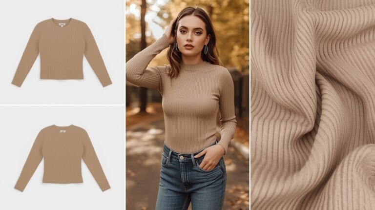 a stylish woman wearing a rib knit slim fit long sleeve top, minimal makeup, soft lighting, modern fall outfit, neutral beige or light brown tones, casual pose,