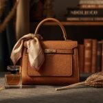 Luxurious small cognac leather handbag with gold hardware, styled with silk scarf and accessories in boutique setting