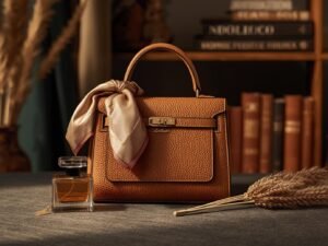 Luxurious small cognac leather handbag with gold hardware, styled with silk scarf and accessories in boutique setting
