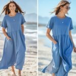 GRECERELLE 2025 Women's Casual Maxi Dress with Pockets - Beige Loose Fit Round Neck Vacation Dress