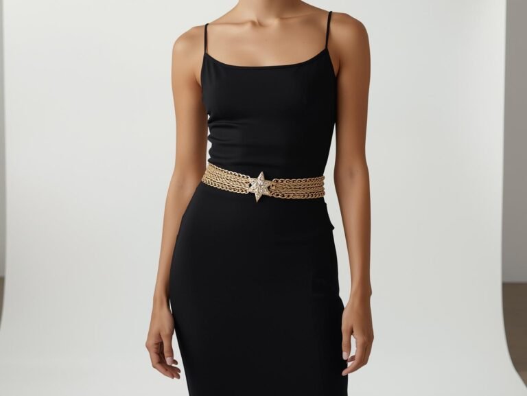 Glamorstar multilayer gold metal waist chain belt styled over a simple black dress.