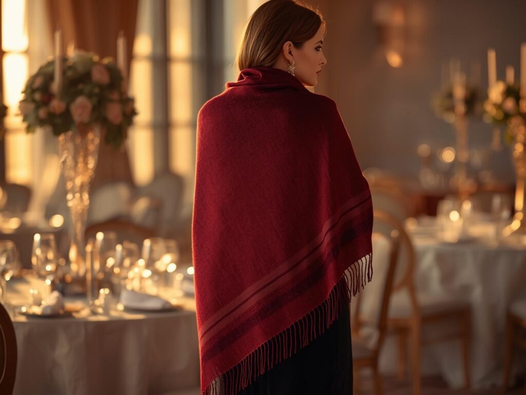FURTALK Pashmina Shawl draped elegantly over an evening dress, showcasing its texture and color.