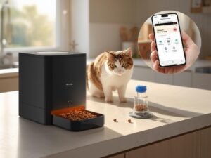 main product shot professional product photography of petlibro granary black automatic pet feeder on modern kitchen counter, morning light streaming through window,