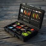  professional product photography of plusinno 137 piece fishing tackle box open on rustic wooden dock, showing organized compartments filled with colorful lures,
