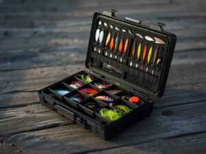professional product photography of plusinno 137 piece fishing tackle box open on rustic wooden dock, showing organized compartments filled with colorful lures,