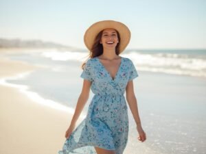 Woman wearing a beautiful light blue floral WIHOLL V-neck short sleeve summer dress on the beach.
