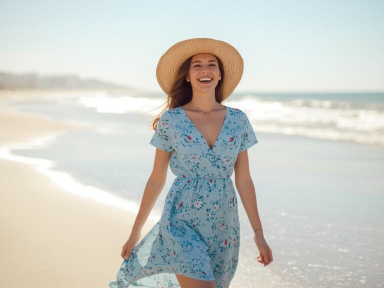 Woman wearing a beautiful light blue floral WIHOLL V-neck short sleeve summer dress on the beach.