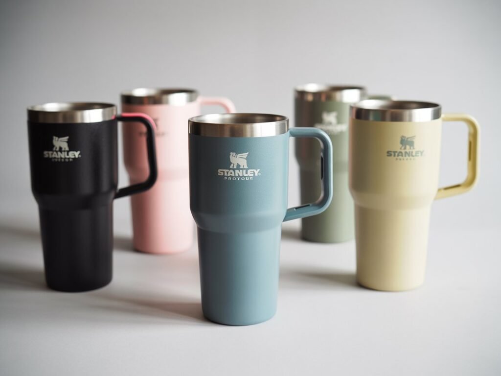A collection of STANLEY Quencher ProTour tumblers in assorted colors arranged neatly on a white surface.
