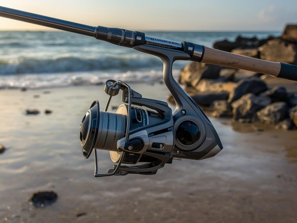QINGLER Summer and Centron 3000 spinning reel mounted on a fishing rod against a coastal background with ocean waves.