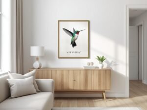 VIYYIEA vintage gold framed hummingbird canvas art hanging on a bright apartment living room wall as an example of affordable decor