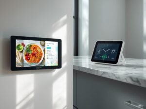 The Amazon Echo Show 15 mounted on a kitchen wall displaying a recipe, compared to the Google Nest Hub Max on a counter showing the weather.