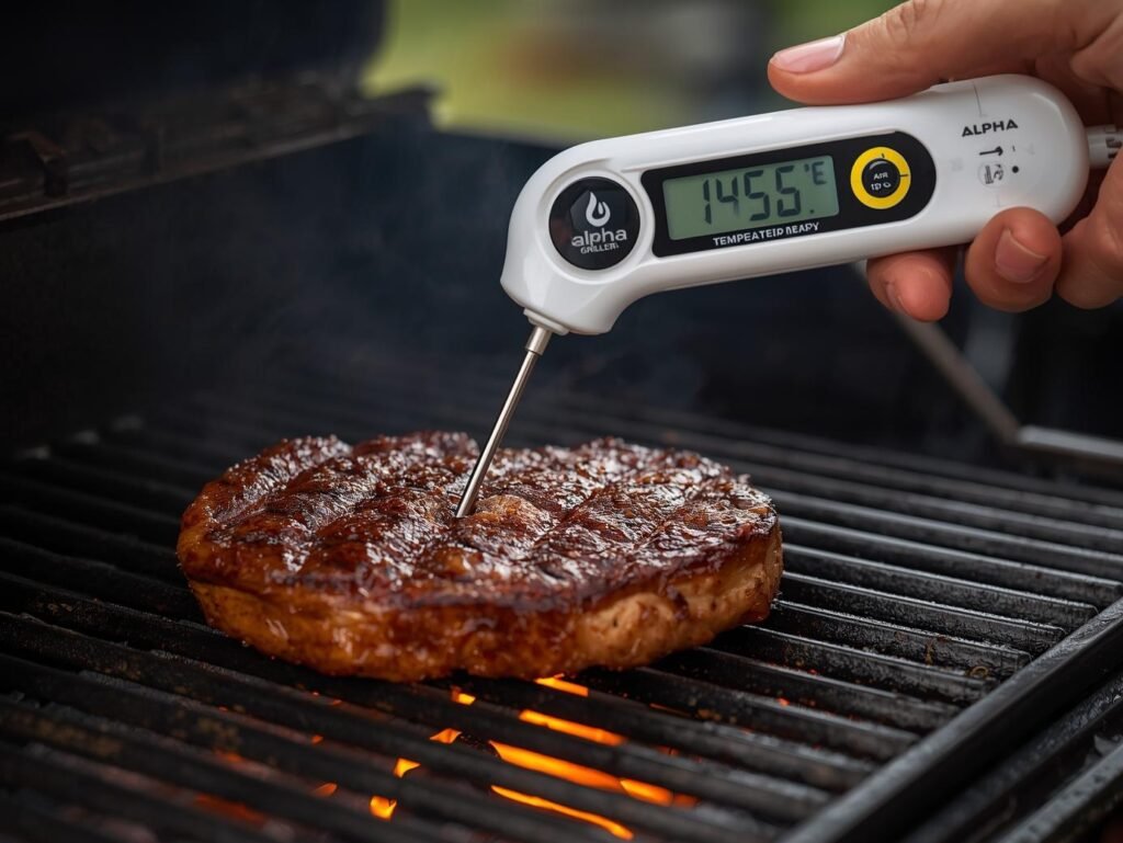 Alpha Grillers digital meat thermometer checking the temperature of a steak on a grill