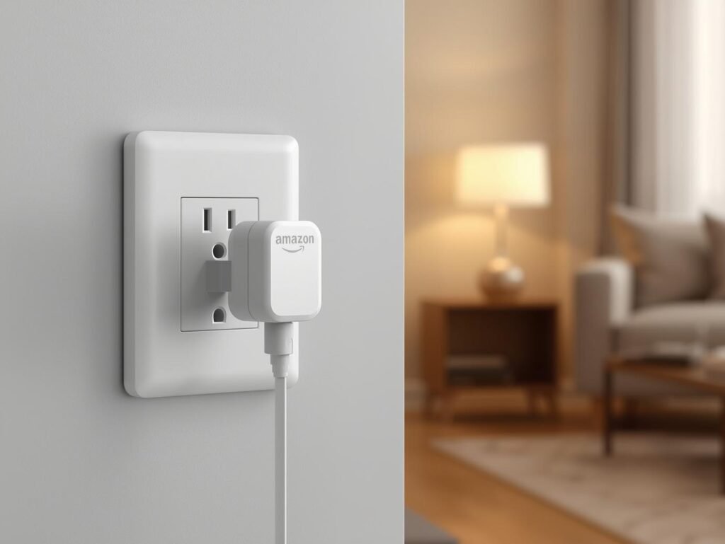 Amazon Smart Plug connected to a wall outlet with a table lamp plugged into it