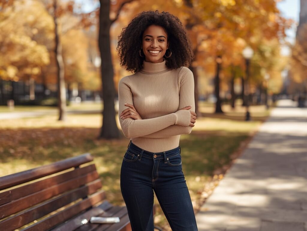 Woman wearing a beige ANRABESS rib knit long sleeve shirt with jeans, showcasing a casual fall outfit