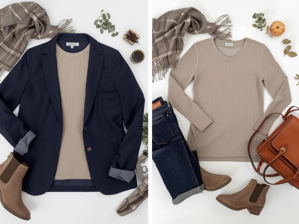 ANRABESS Women's Long Sleeve Ribbed Knit Slim Fit Tee in beige color, shown layered under a blazer and with jeans for fall outfits