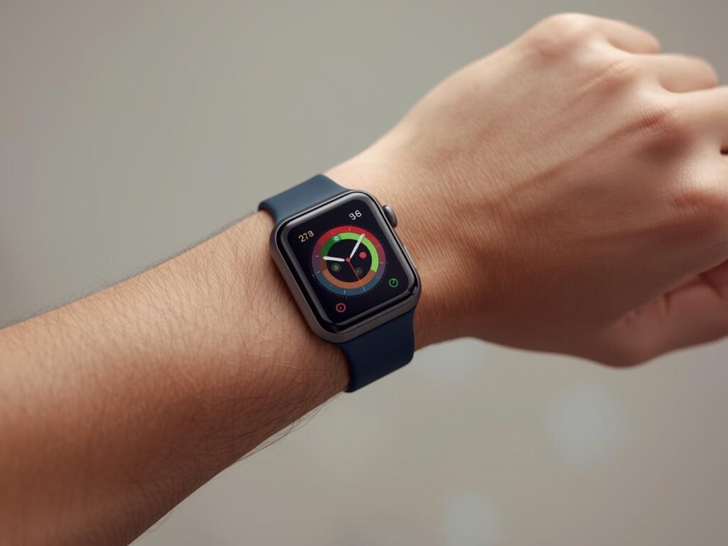 Apple Watch SE (2nd Gen) in Midnight Aluminum Case with Sport Band, shown on a person's wrist displaying the time and activity rings.