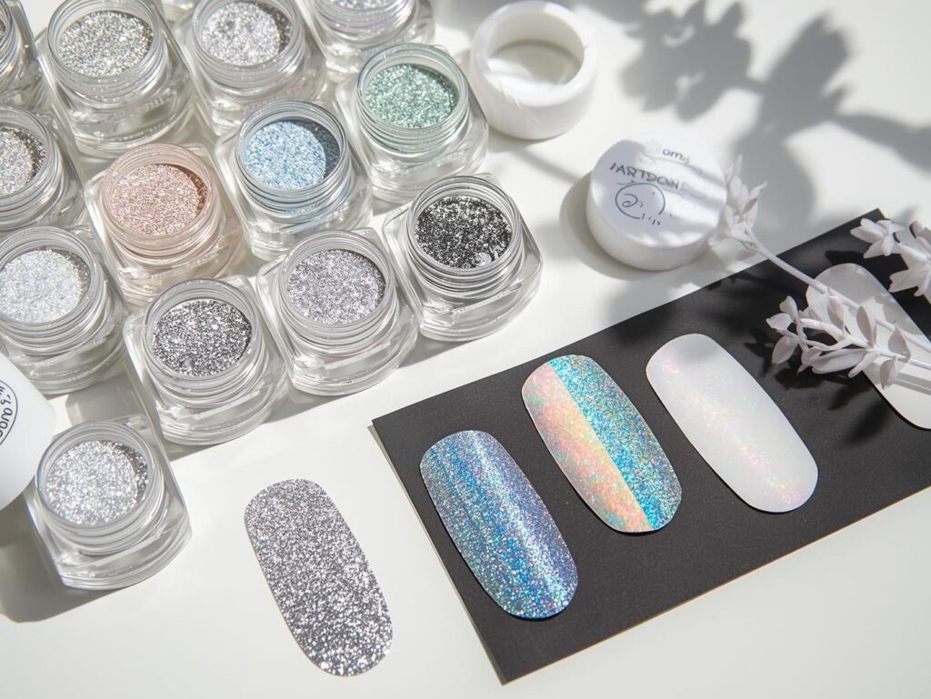 Artdone Chrome Nail Powder 16-jar kit with color swatches showing mirror, metallic, and holographic effects