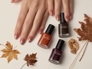 Short nails with beautiful autumn nail art designs including a glitter gradient and a minimalist line, using the Beetles gel base and top coat