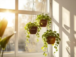 Black Bamworld Hanging Planters with green indoor plants on a sunny window