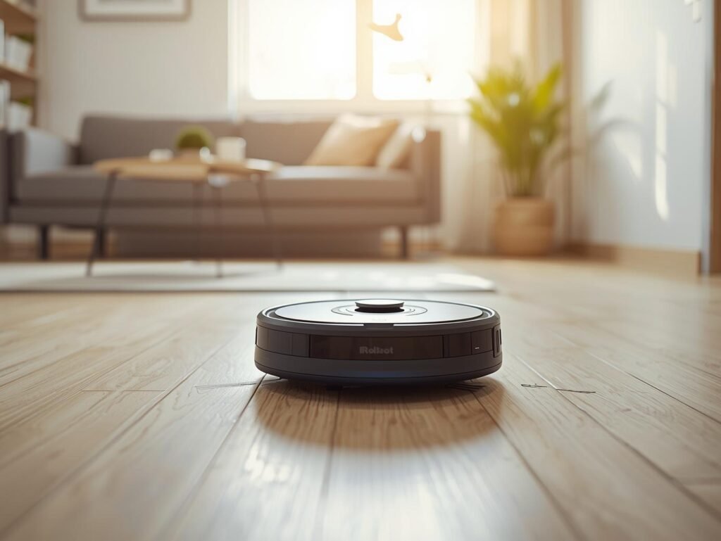 The iRobot Roomba 104 robot vacuum cleaning neatly in rows on a hardwood floor in a modern, compact living room of a small apartment.