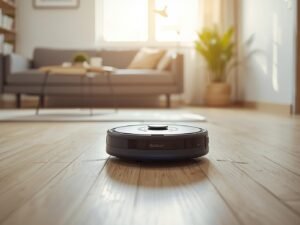 The iRobot Roomba 104 robot vacuum cleaning neatly in rows on a hardwood floor in a modern, compact living room of a small apartment.