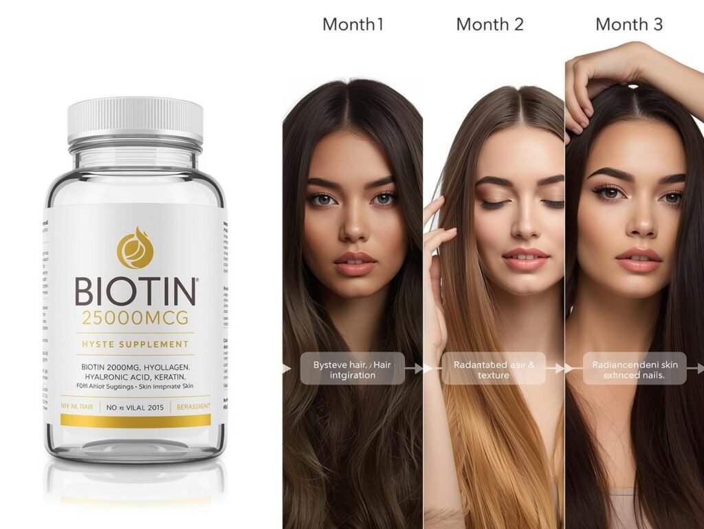 Biotin collagen supplement bottle with before-after photos showing hair growth, skin improvement, and nail strength results over 3 months