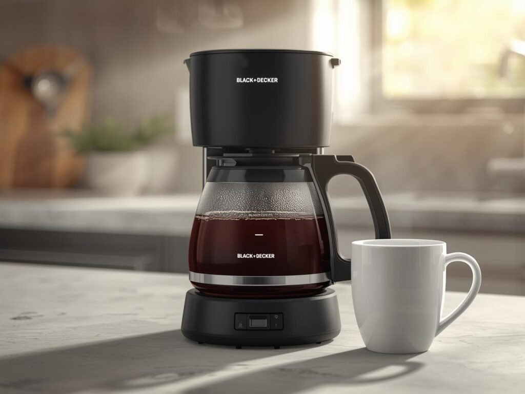 BLACK+DECKER 12-Cup Black Coffee Maker on a kitchen counter