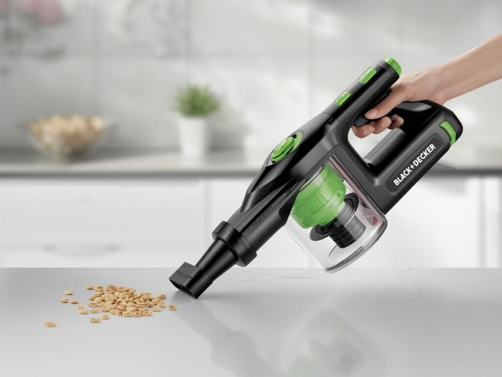 BLACK+DECKER Dustbuster AdvancedClean cordless handheld vacuum cleaning crumbs on a kitchen counter