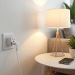A modern rental apartment living room with a Linkind smart plug in an outlet, controlling a stylish table lamp