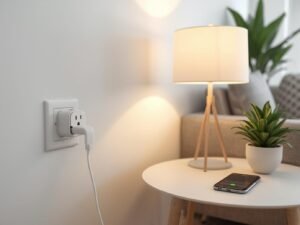 A modern rental apartment living room with a Linkind smart plug in an outlet, controlling a stylish table lamp