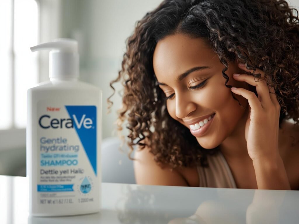 CeraVe Hydrating Shampoo bottle next to a person with defined, soft, frizz-free curly hair