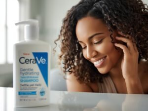 CeraVe Hydrating Shampoo bottle next to a person with defined, soft, frizz-free curly hair.