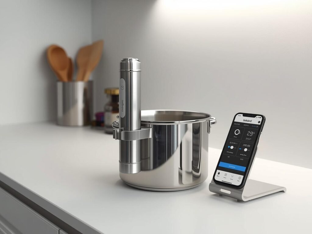 INKBIRD WIFI sous vide machine clipped to a pot in a small apartment kitchen, demonstrating compact cooking.