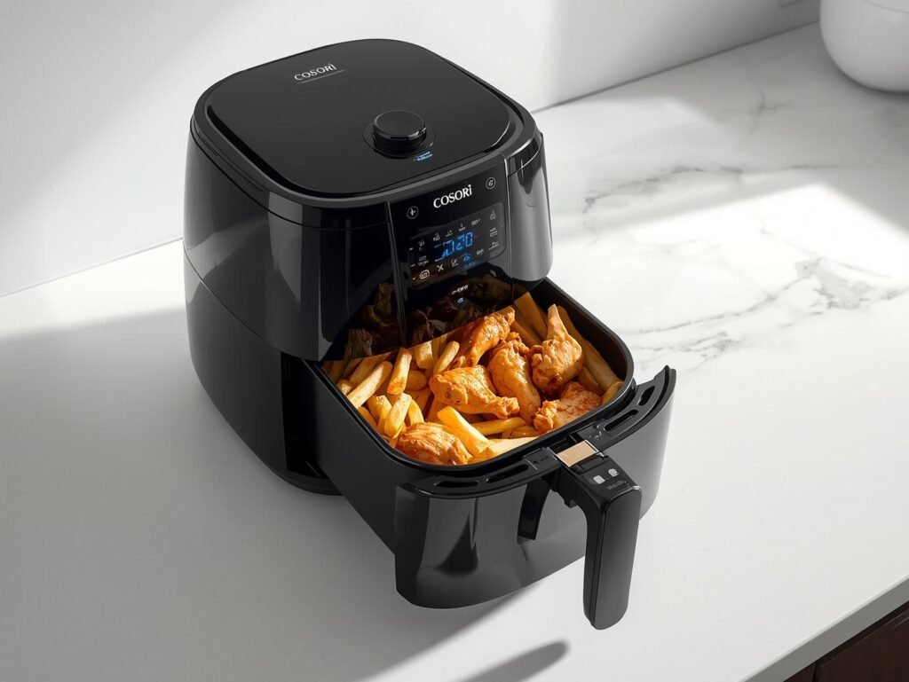 Cosori 6QT TurboBlaze Air Fryer on a kitchen counter with crispy french fries and chicken wings