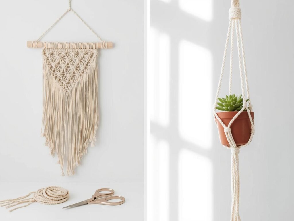Finished DIY macrame wall hanging on a white wall next to the Mkono Macrame Plant Hanger holding a green succulent.