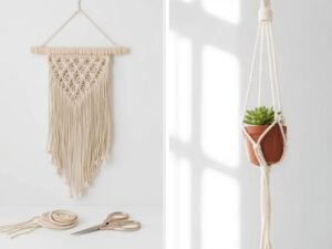 Finished DIY macrame wall hanging on a white wall next to the Mkono Macrame Plant Hanger holding a green succulent.