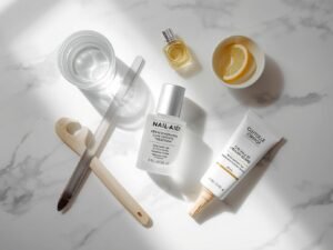 All products for a DIY nail care routine for weak brittle nails arranged neatly, featuring the Nail-Aid Keratin 3 Day Growth bottle, a nail file, cuticle oil, and hand cream