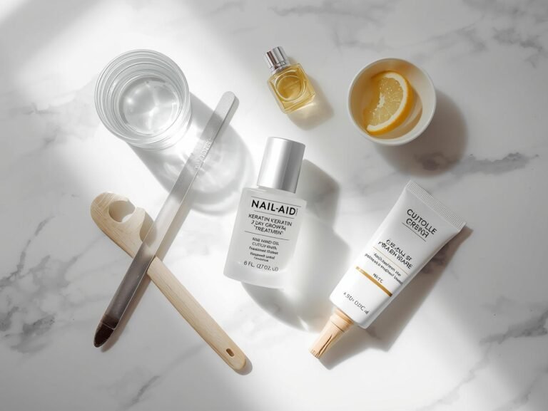 All products for a DIY nail care routine for weak brittle nails arranged neatly, featuring the Nail-Aid Keratin 3 Day Growth bottle, a nail file, cuticle oil, and hand cream