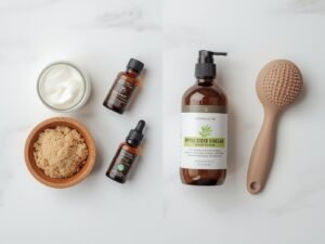 DIY scalp scrub for dandruff ingredients - brown sugar, coconut oil, apple cider vinegar, and tea tree oil - next to the Rosemary Mint Scalp Scrub product.