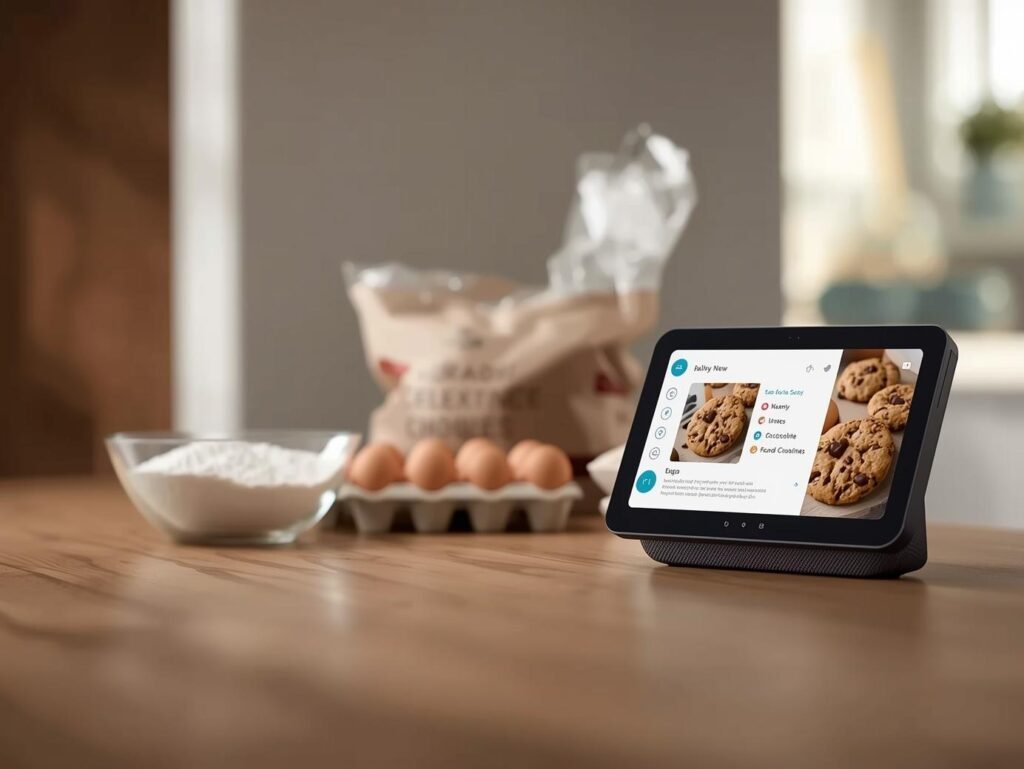 Amazon Echo Show 5 smart display on a kitchen counter showing a recipe, with cooking ingredients in the background