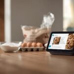 Amazon Echo Show 5 smart display on a kitchen counter showing a recipe, with cooking ingredients in the background.