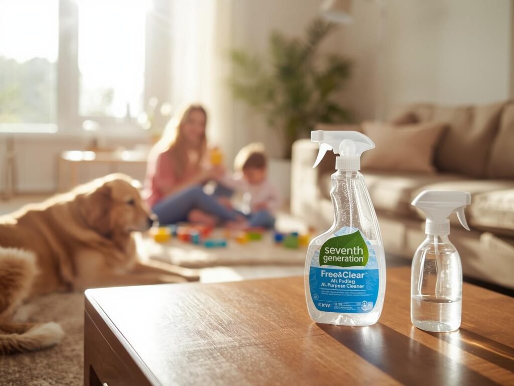 A happy family with a dog in a clean, sunlit living room, with Seventh Generation cleaning products on a table